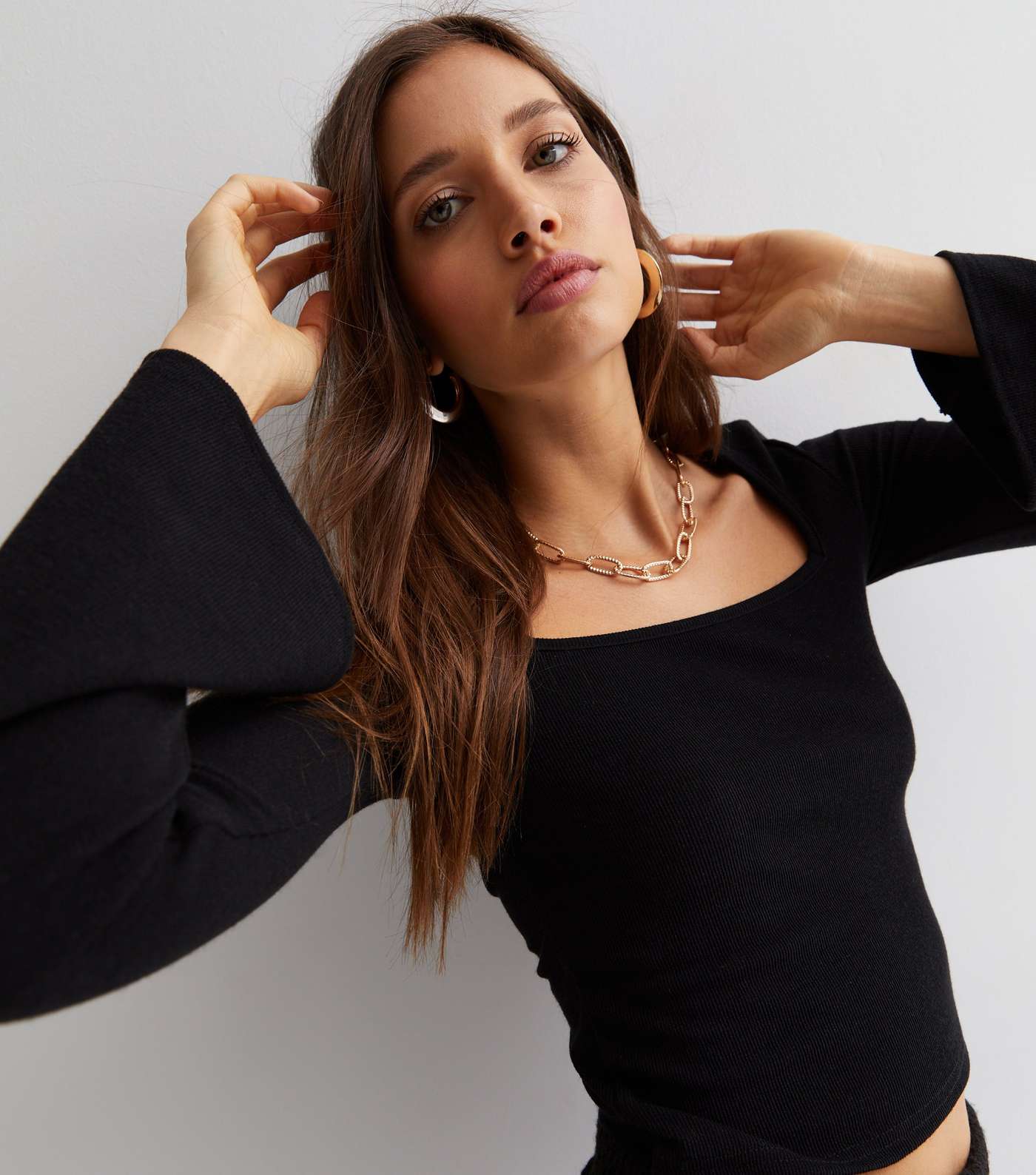 Black Ribbed Jersey Square Neck Bell Sleeve Crop Top