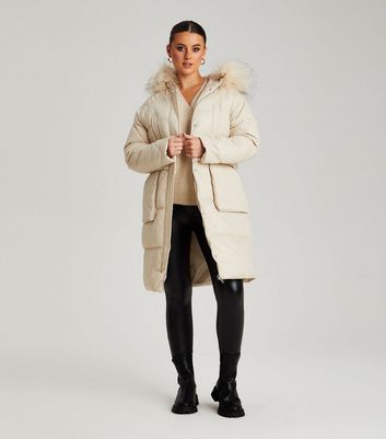 Womens Clothing Jackets Padded and down jackets Natural Urban Bliss Faux Fur Hood Puffer Parka Jacket New Look in Stone 