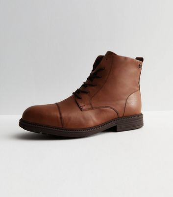 Men's Jack & Jones Dark Brown Leather Boots New Look