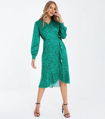 QUIZ Green Animal Print Long Sleeve Frill Midi Wrap Dress New Look