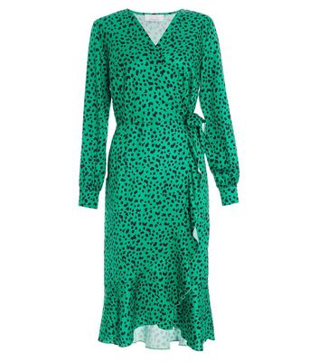 QUIZ Green Animal Print Long Sleeve Frill Midi Wrap Dress New