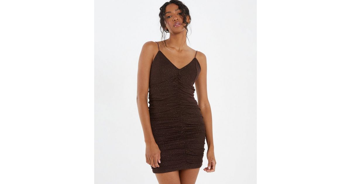 QUIZ Dark Brown Glitter Strappy Ruched Mini Bodycon Dress New Look