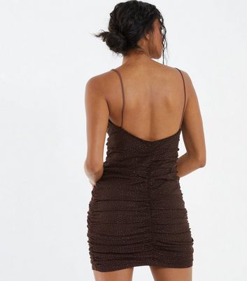 QUIZ Dark Brown Glitter Strappy Ruched Mini Bodycon Dress New Look