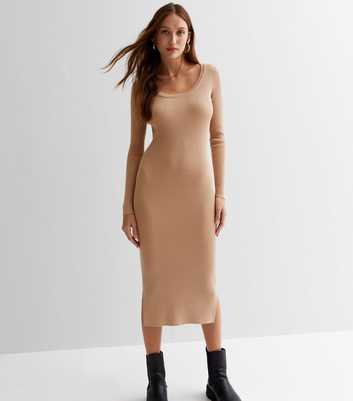 Camel Ribbed Knit Crew Neck Long Sleeve Midi Bodycon Dress