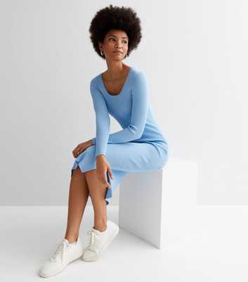 Pale Blue Ribbed Knit Crew Neck Long Sleeve Midi Bodycon Dress