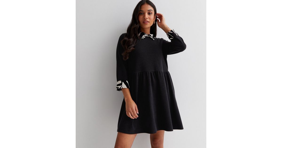 Petite Black Abstract Knit 2-in-1 Collared Long Sleeve Mini Dress | New Look