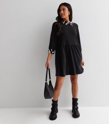 Petite Black Abstract Knit 2-in-1 Collared Long Sleeve Mini Dress New Look