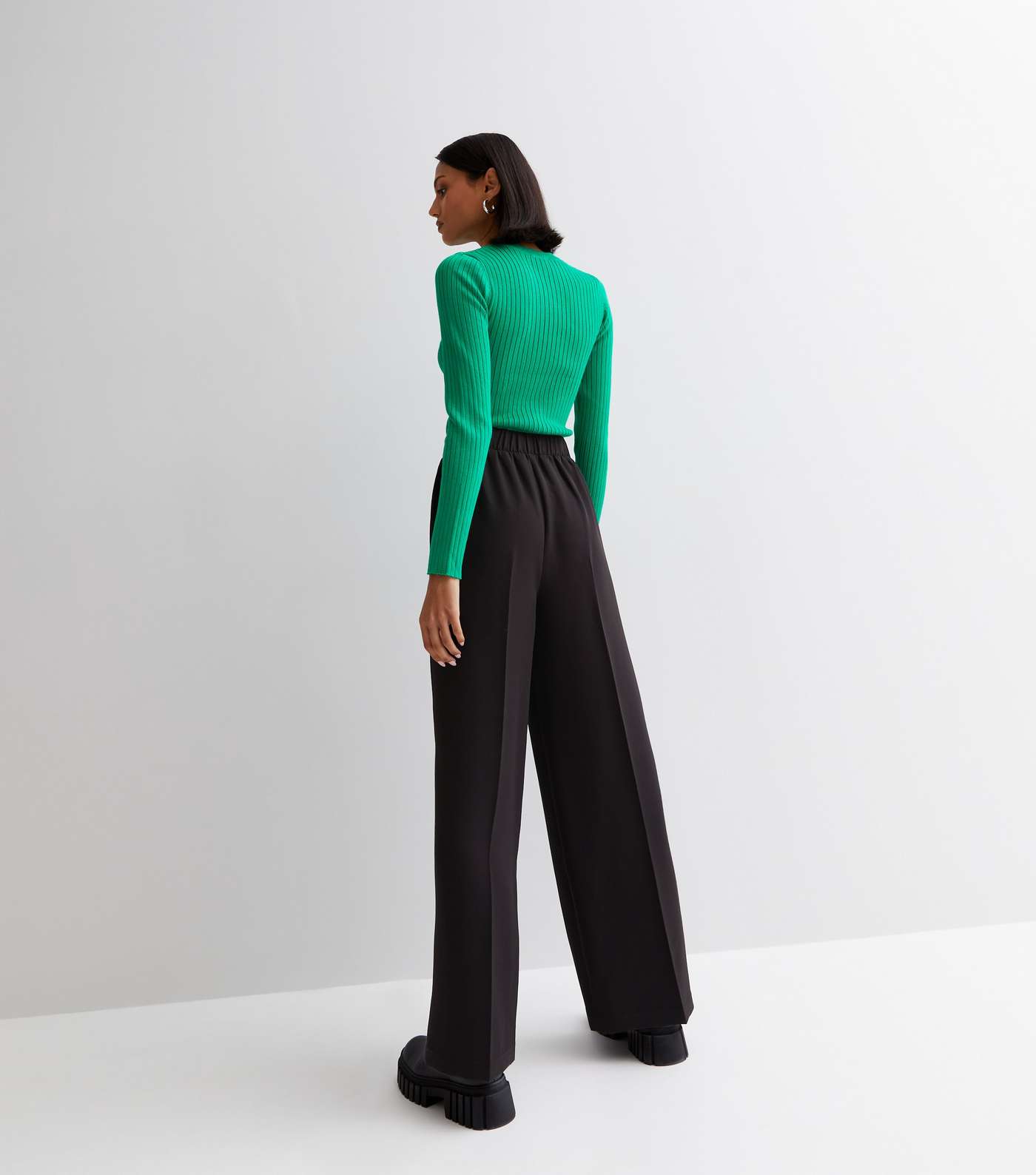 Black Crepe High Waist Wide Leg Tailored Trousers Image 4