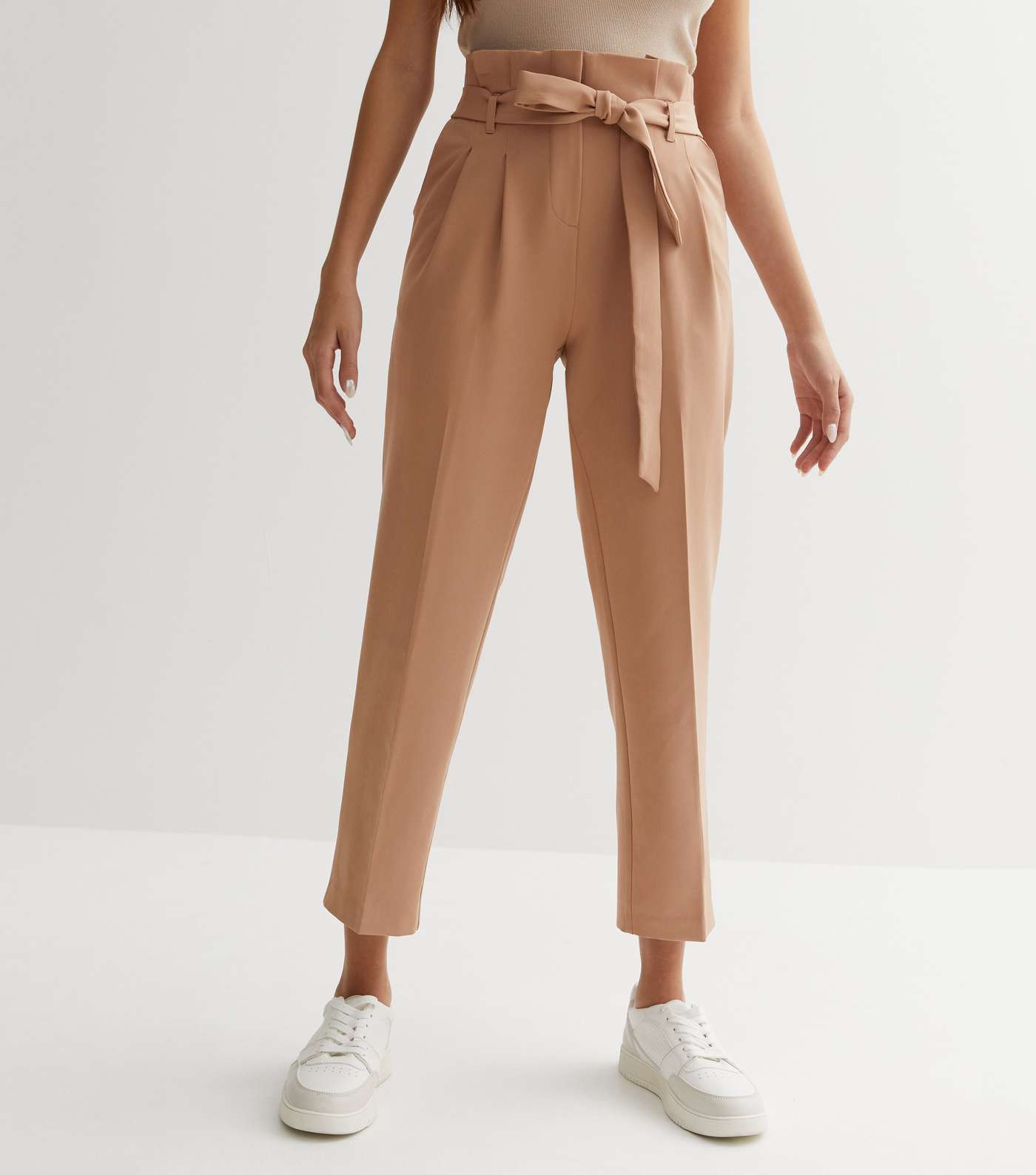 Camel Belted Paperbag Crop Trousers Image 3