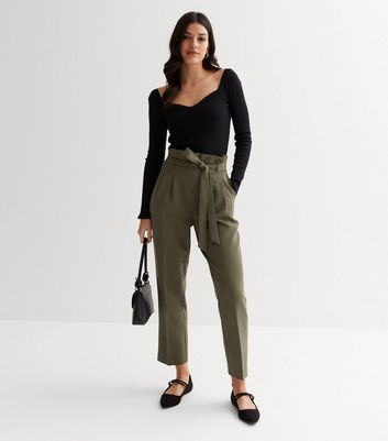 Khaki Belted Paperbag Crop Trousers