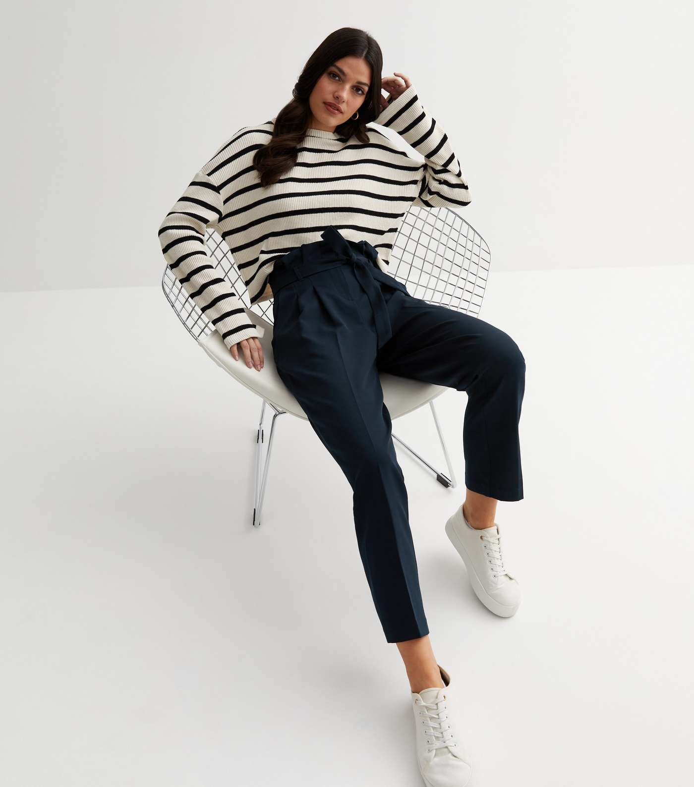 Navy Belted Paperbag Crop Trousers