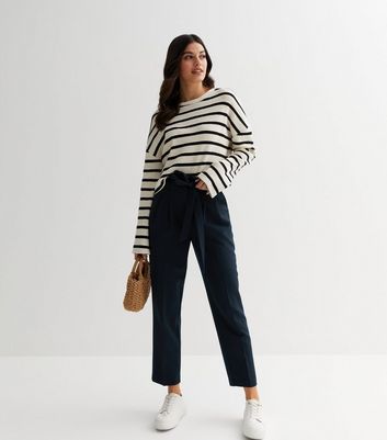 Navy Belted Paperbag Crop Trousers | New Look