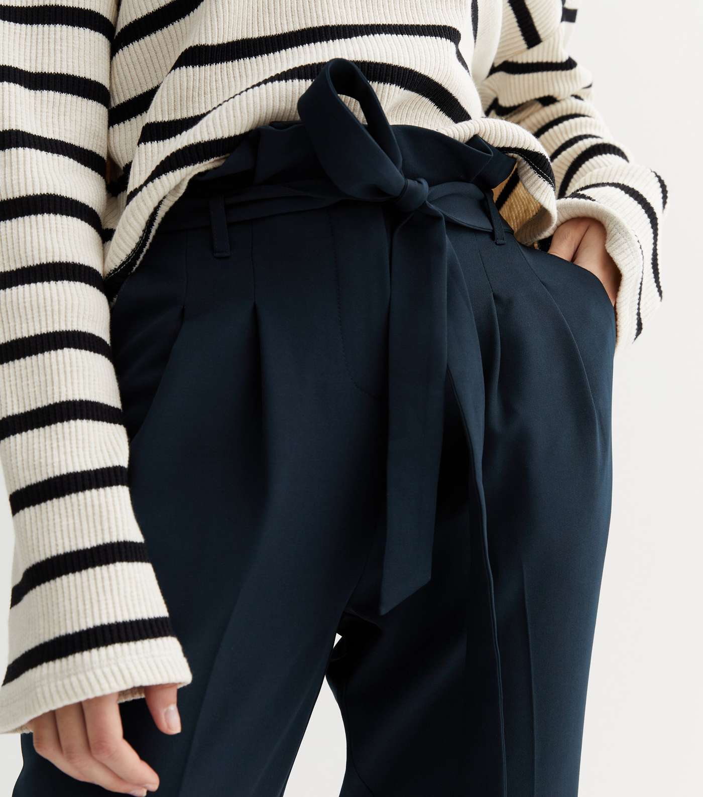 Navy Belted Paperbag Crop Trousers Image 3