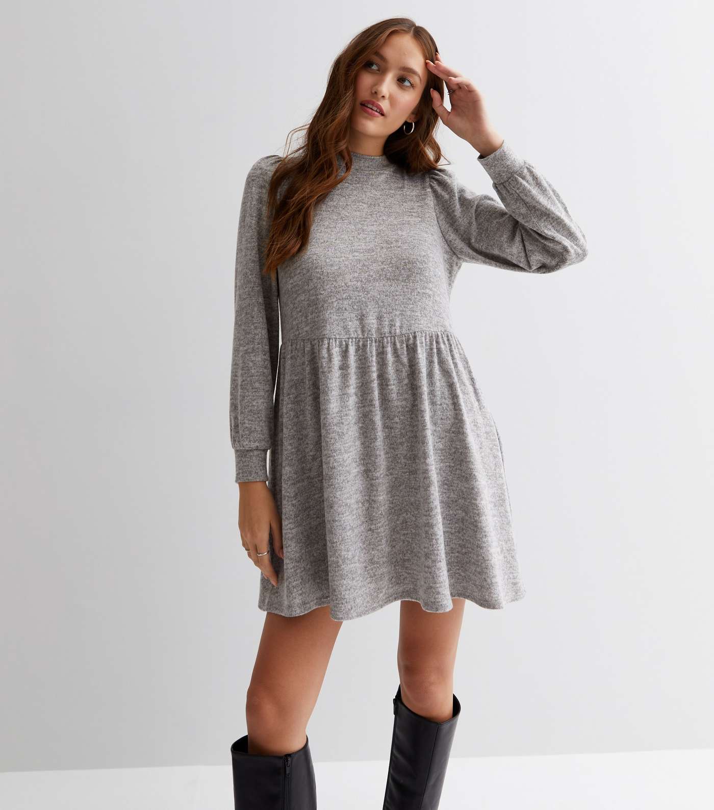Pale Grey Fine Knit High Neck Mini Skater Dress