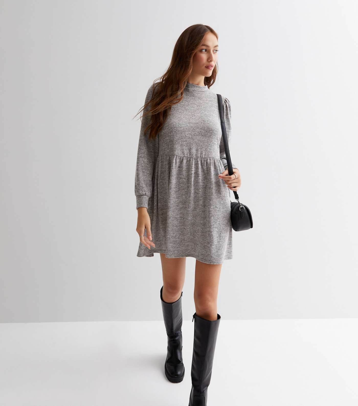 Pale Grey Fine Knit High Neck Mini Skater Dress Image 3