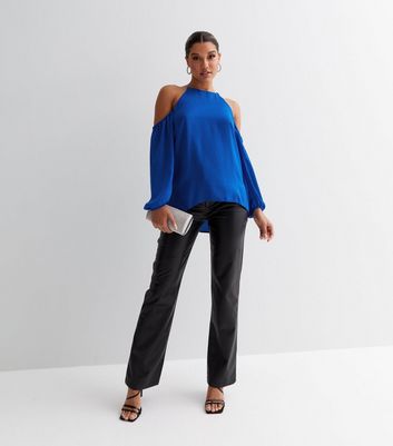 Bright Blue Satin Gem Detail Cold Shoulder Top New Look