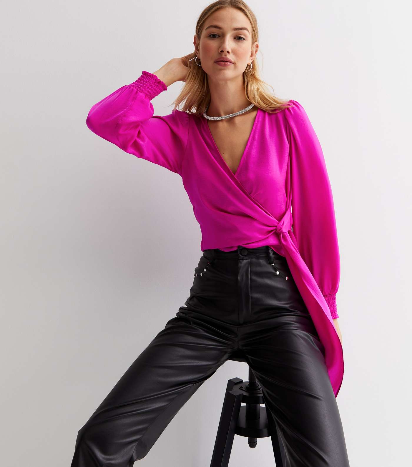 Bright Pink Satin V Neck Long Sleeve Tie Side Wrap Top