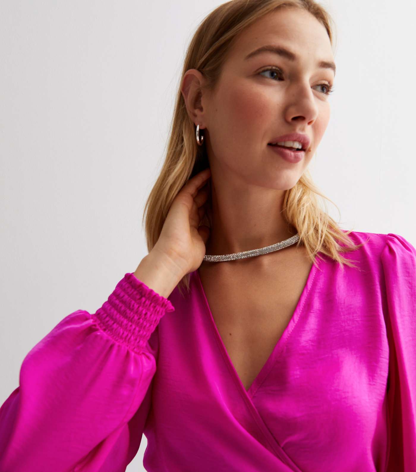 Bright Pink Satin V Neck Long Sleeve Tie Side Wrap Top Image 3