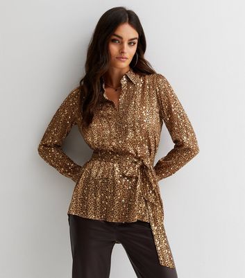 Brown Metallic Leopard Print Long Sleeve Belted Long Shirt | New Look