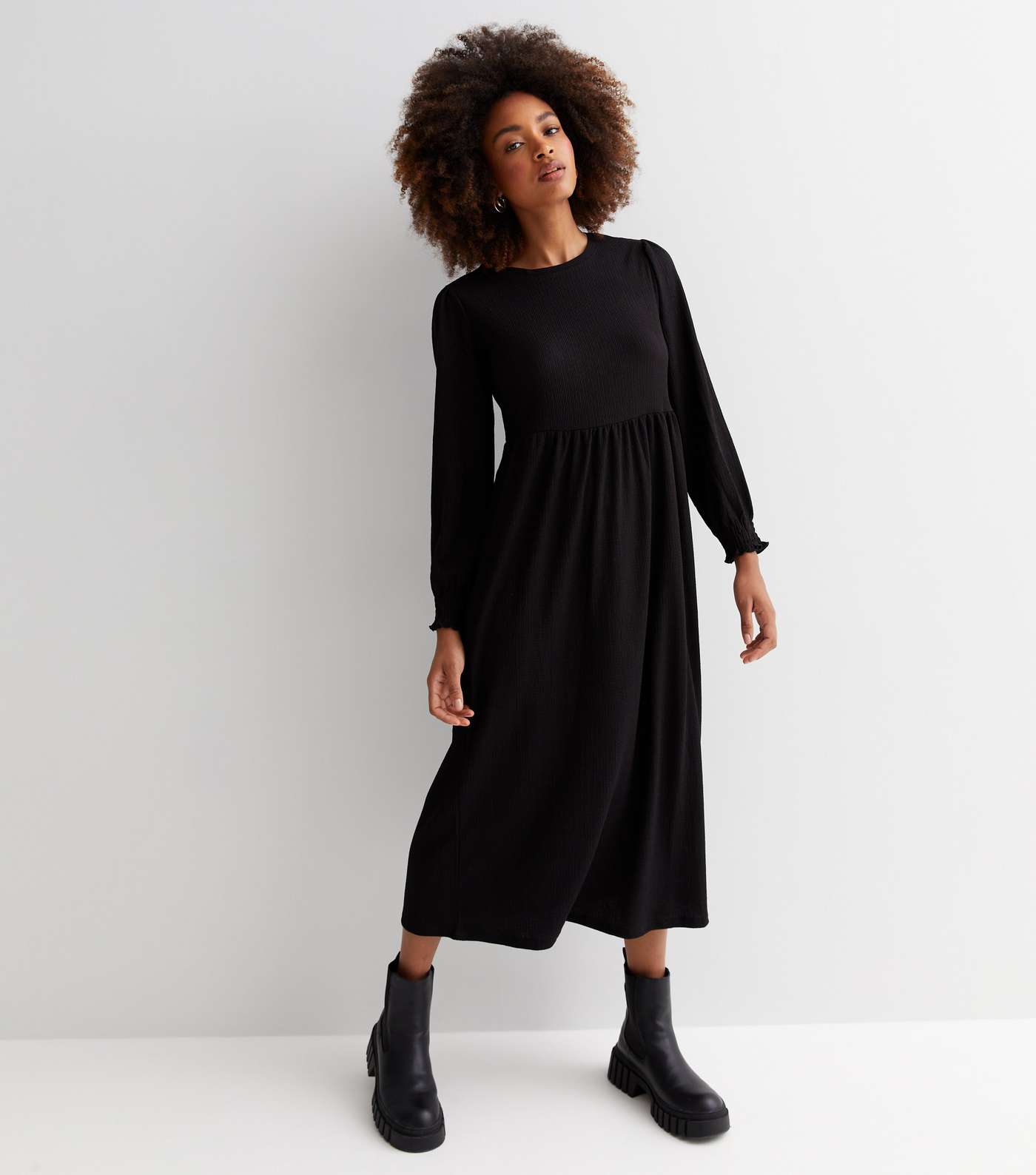 Black Crinkle Jersey Long Sleeve Midi Smock Dress