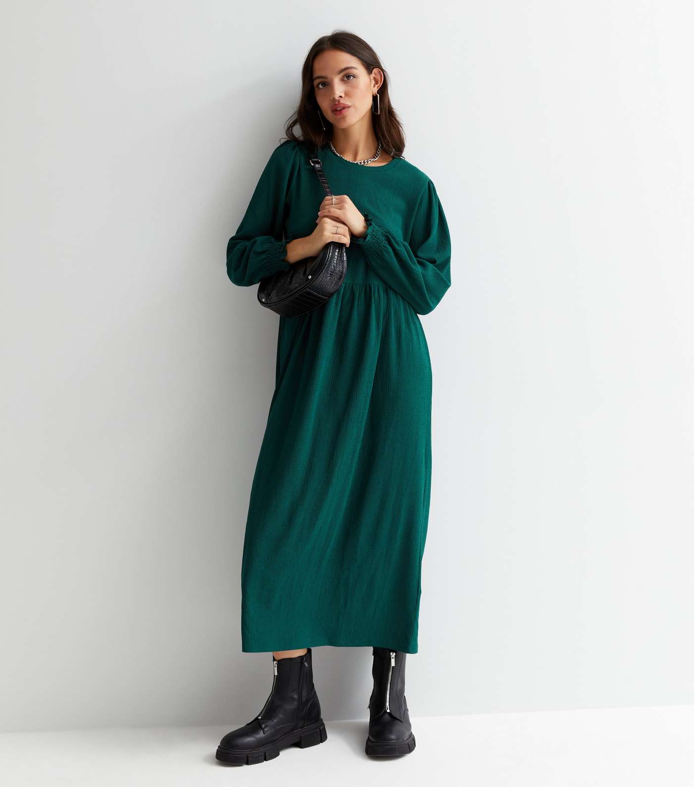 Dark Green Crinkle Jersey Long Sleeve Midi Smock Dress