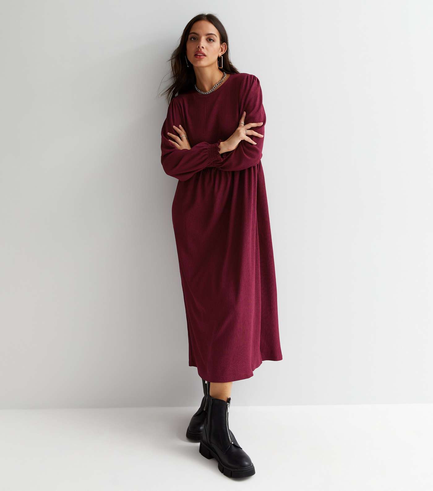 Burgundy Crinkle Jersey Long Sleeve Midi Smock Dress