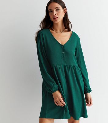 Dark Green Crinkle V Neck Button Front Long Sleeve Mini Smock Dress