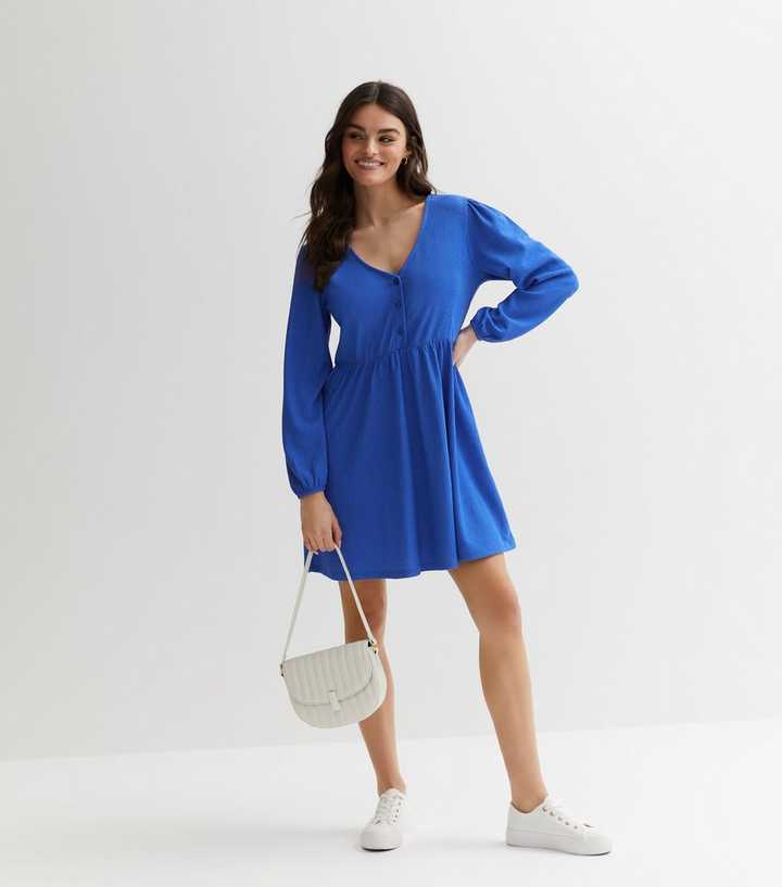 Bright Blue Crinkle V Neck Button Front Long Sleeve Mini Smock Dress