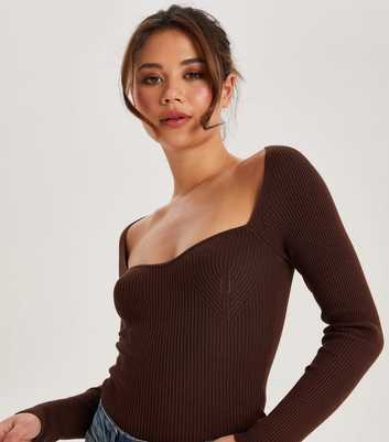 Urban Bliss Tall Dark Brown Ribbed Knit Sweetheart Top