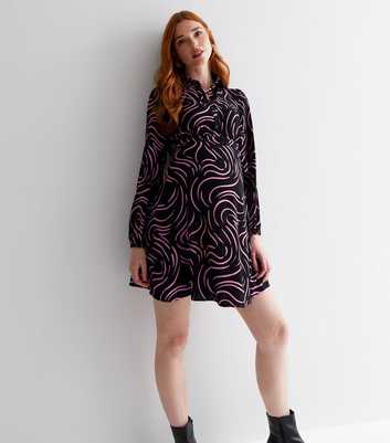 Maternity Black Doodle Print Long Sleeve Mini Shirt Dress