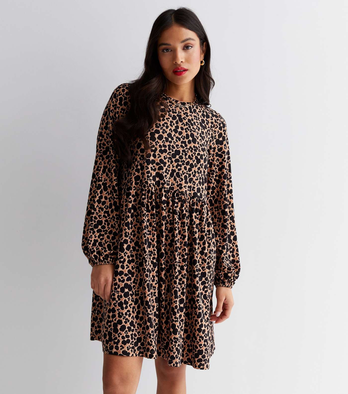 Petite Brown Leopard Print Jersey Mini Smock Dress