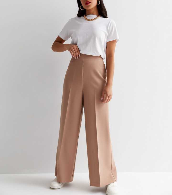 Petite Camel Crepe High Waist Wide Leg Tailored Trousers