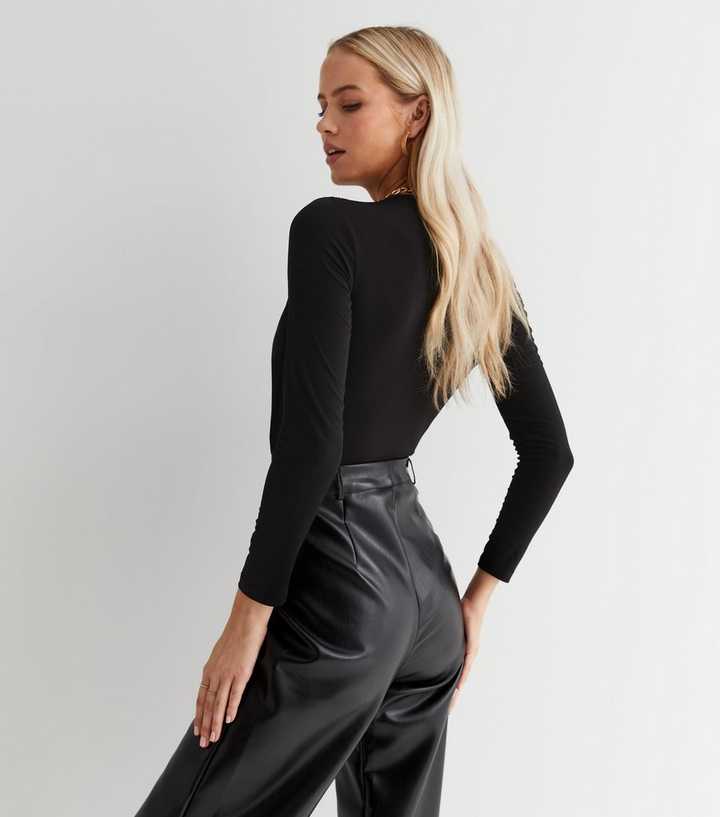 ASOS DESIGN long sleeve bodysuit with extreme plunge in black