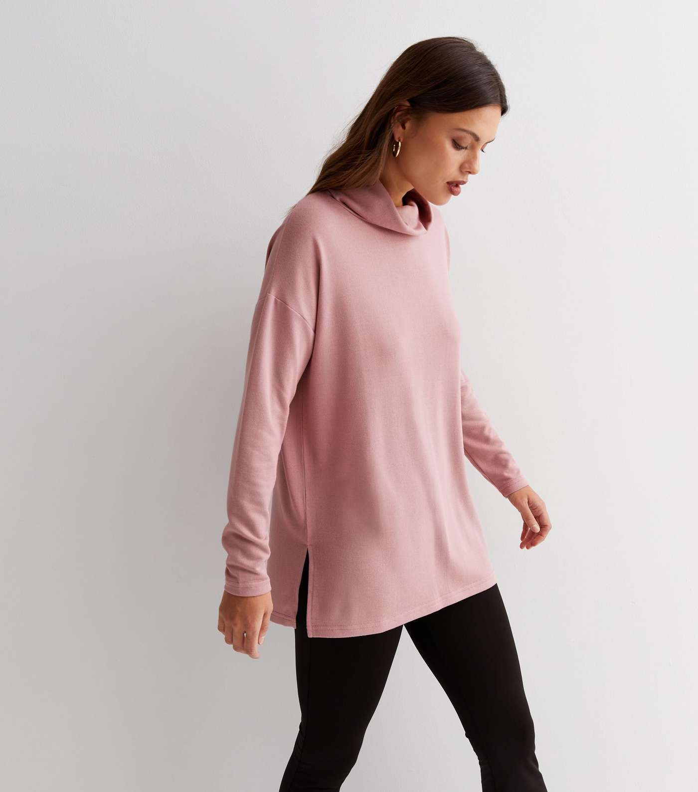 Mid Pink Brushed Fine Knit Cowl Neck Long Top