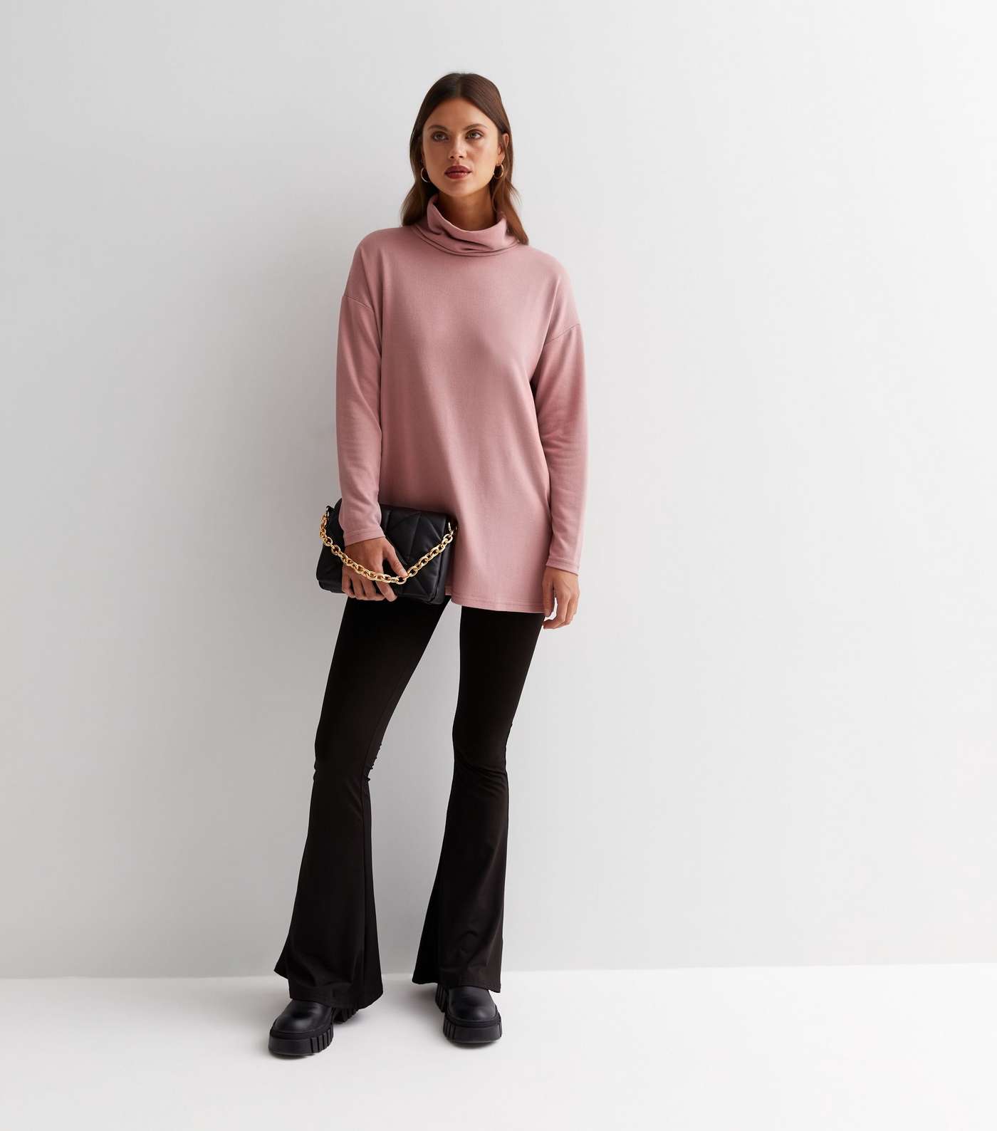 Mid Pink Brushed Fine Knit Cowl Neck Long Top Image 3