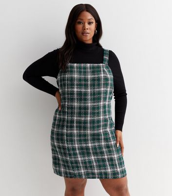 Curves Green Check Boucl Square Neck Strappy Pinafore Dress New