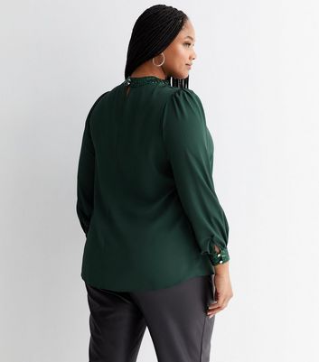 Curves Dark Green Chiffon Sequin Trim Long Sleeve Blouse