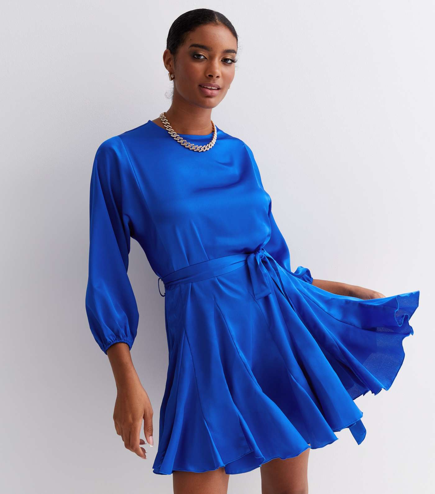 Blue Satin Long Sleeve Belted Mini Skater Dress
