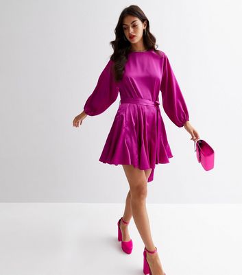 Deep Pink Satin Puff Sleeve Tie Waist Mini Dress New Look