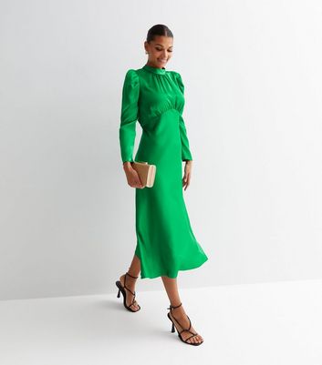 Green Satin High Neck Long Sleeve Midi Dress | New Look