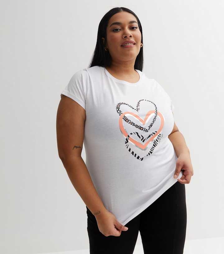 Curves White Metallic Animal Print Triple Heart Logo T-Shirt | New Look