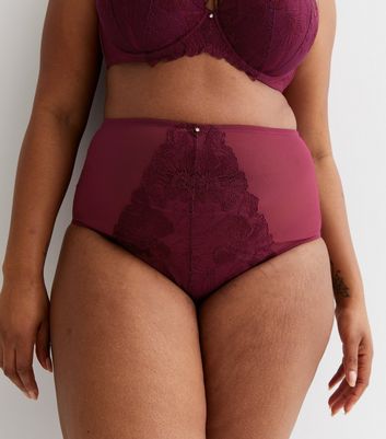 Curves Burgundy Lace Diamant High Waist Brazilian Briefs New Look