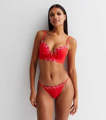 Red Heart Embroidered Mesh Thong