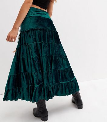 Blue Vanilla Teal Velvet Embellished Tiered Midi Skirt | New Look