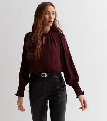 Burgundy High Neck Twist Neck Cut Out Long Sleeve Shell Top | New Look