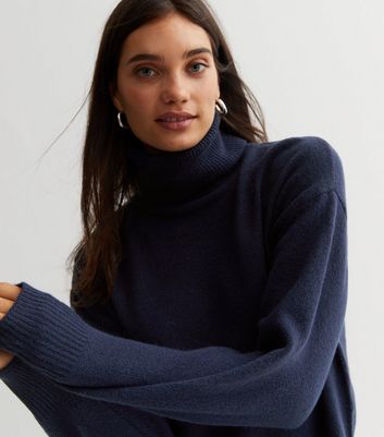 Navy Knit Roll Neck Split Hem Jumper New Look