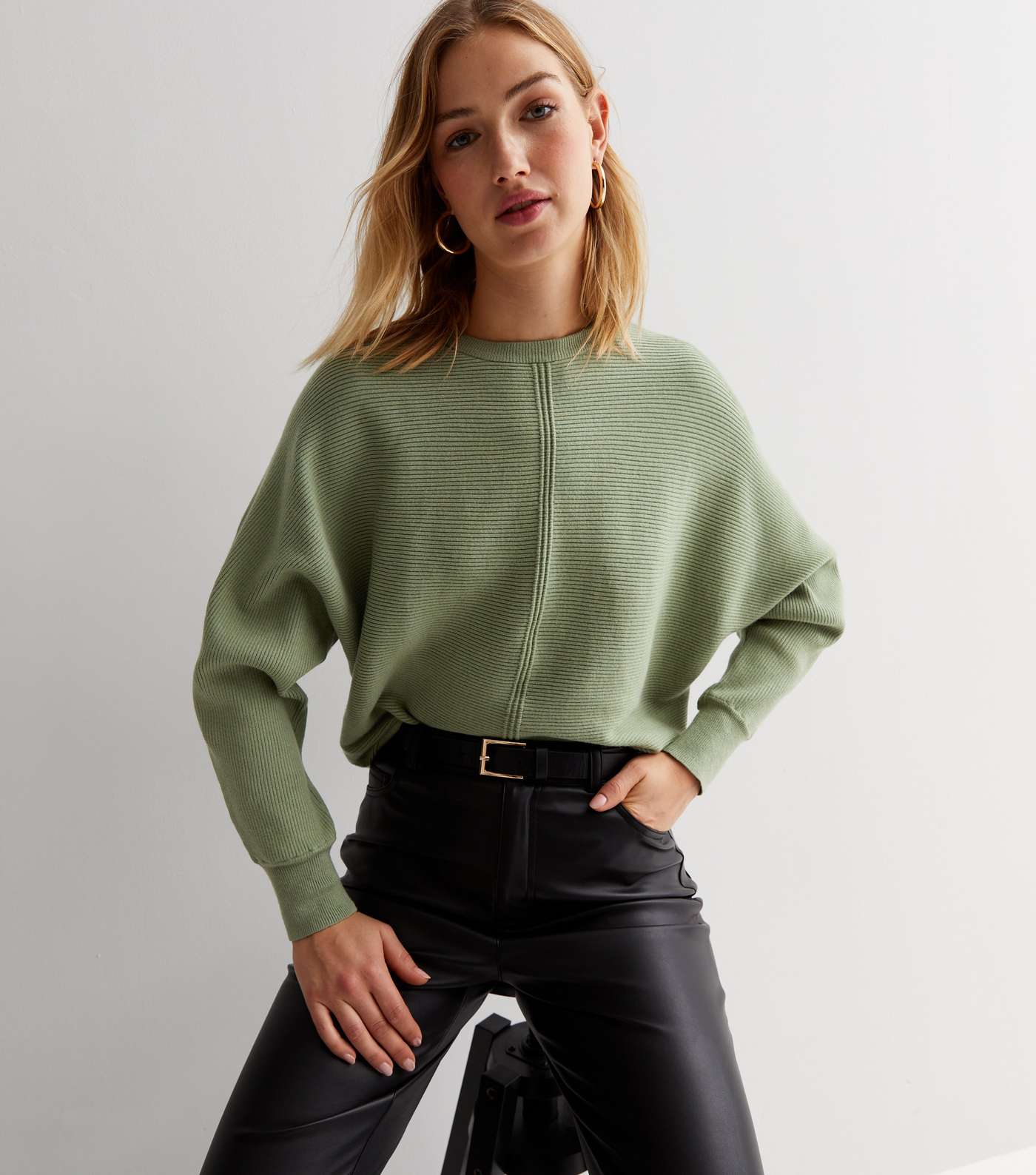 Olive Ribbed Knit Crew Neck Batwing Jumper