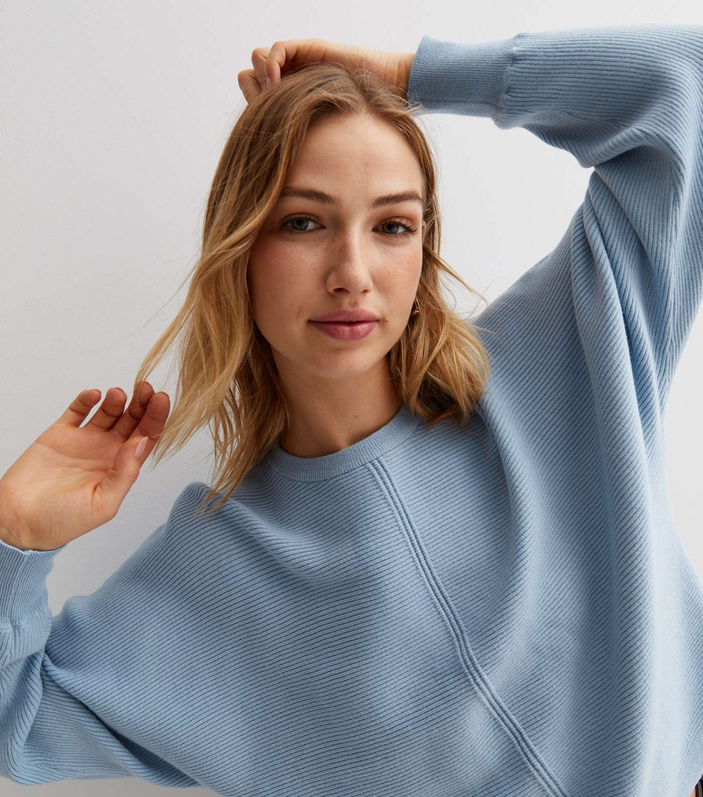 Pale Blue Ribbed Knit Crew Neck Batwing Jumper Image 3