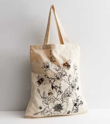 Off White Floral Bee Canvas Tote Bag