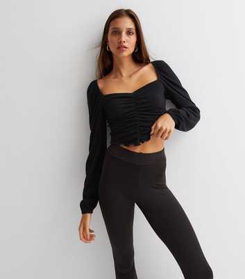 Black Ribbed Frill Square Neck Long Puff Sleeve Crop Top